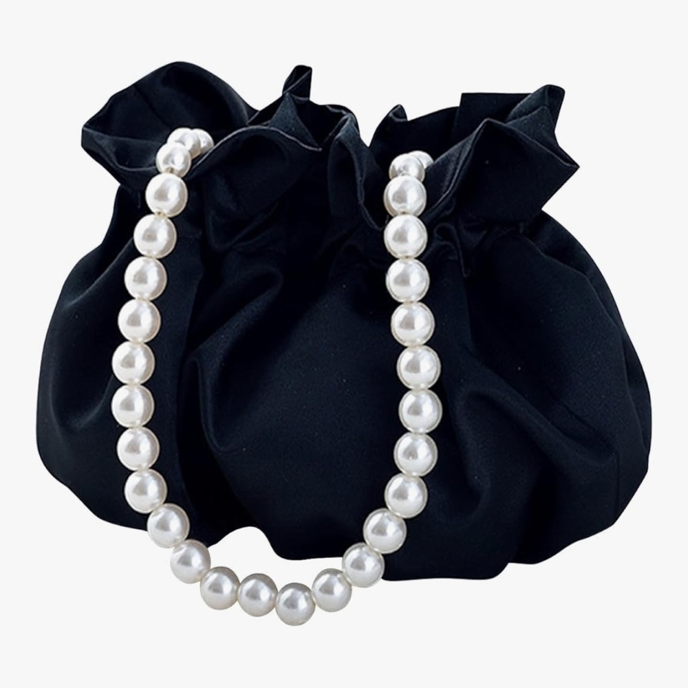 🆕 Small Wristlet Purses Mini Bucket Bag Women Hobo Bag with Faux Pearl Chain